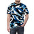 Model wearing navy blue t-shirt with dazzle camouflage pattern design - men front