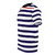 Model wearing a navy blue t-shirt with horizontal white stripes, a minimalist nautical design. - men left