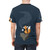 Illustration of a cute, smiling fox enjoying a cup of tea on a blue and orange t-shirt design - men back
