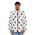 Colorful puffer jacket with horse racing jockey silks design - men front