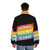 Puffer jacket with "Homos Against Scomo" text, promoting LGBTQ+ activism and social justice - men back