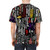 Colorful music-inspired collage graphic on a t-shirt - men back