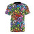 Colorful all over print t-shirt featuring a variety of Neopets characters and symbols