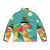 Puffer jacket with a vibrant geometric sloth print, perfect for summer surfing adventures - Back