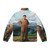 Supreme Leader Kim Jong Il wearing a puffer jacket with North Korean propaganda - Back