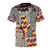 Vibrant abstract art t-shirt featuring a collage of geometric patterns and spiritual symbols, inspired by the work of artist Alfred Jensen.