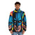 Colorful superhero pop art puffer jacket featuring a bat design for comic book lovers - men front