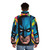 Colorful superhero pop art puffer jacket featuring a bat design for comic book lovers - men back