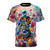 Colorful dancer illustration on a vibrant floral t-shirt