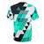 Model wearing a geometric abstract pattern t-shirt in teal, white, and black - Back