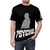 Classic black and white t-shirt featuring an all-over print design inspired by the iconic Alfred Hitchcock film "Psycho" - men front