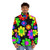 Retro hippie-inspired puffer jacket with a colorful flower and daisy pattern - men front