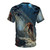 A stylized t-shirt design featuring a mountain biker riding through a forested landscape - Back