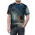 A stylized t-shirt design featuring a mountain biker riding through a forested landscape - men front