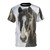 A striking black horse silhouette against a snowy winter backdrop printed on a high-quality t-shirt.