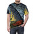Model wearing a t-shirt featuring the Flammarion engraving, a classic illustration of the cosmos and the Earth's place within it. - men front
