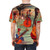Close-up of an all-over-print t-shirt featuring a classic rock music design - men back
