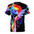 A colorful and vibrant t-shirt featuring a synthwave-inspired Rainbow Dash design with a retro 80s aesthetic.