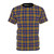 Closeup of a blue and gold plaid t-shirt with celtic inspired design