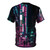 Vibrant T-shirt design featuring a futuristic Japanese street scene with neon lights, cyberpunk elements, and a science fiction aesthetic. - Back