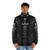 Futuristic Dungeons & Dragons puffer jacket with polyhedral dice design - men front