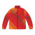 Vibrant striped puffer jacket with a bold, modern geometric design in red, orange, and yellow