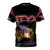 Artistic all-over print t-shirt featuring a vintage Styx band design for a retro, Halloween-themed look.