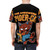 Whimsical illustration of a mouse superhero rescuing a cat from a spider on a T-shirt - men back