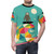 A colorful, geometric t-shirt design featuring a sloth surfing on a rainbow wave. - men front