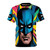 Colorful pop art style t-shirt featuring a superhero bat motif, ideal for comics fans