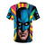 Colorful pop art style t-shirt featuring a superhero bat motif, ideal for comics fans - Back