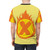 A t-shirt featuring a custom superhero letter X insignia with a fiery design - men back