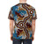 Aboriginal-inspired dotwork art t-shirt featuring elements of Australian indigenous culture, such as emus, kangaroos, and ochre colors. - men back