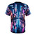 A vibrant, futuristic t-shirt design featuring a cyberpunk-inspired streetscape in Tokyo, with neon lights, anime-style elements, and a modern, urban aesthetic. - Back