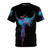 A vibrant graphic t-shirt featuring an abstract design of a colorful phoenix bird with open wings in shades of blue and pink.