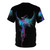 A vibrant graphic t-shirt featuring an abstract design of a colorful phoenix bird with open wings in shades of blue and pink. - Back