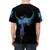 A vibrant graphic t-shirt featuring an abstract design of a colorful phoenix bird with open wings in shades of blue and pink. - men back