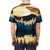 A t-shirt featuring a vibrant, watercolor-style landscape design with a beautiful fall sunset over a lake, surrounded by forests and mountains. - men back