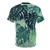 Closeup of a vibrant, tropical monstera leaf print on a t-shirt - Back