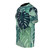 Closeup of a vibrant, tropical monstera leaf print on a t-shirt - men left