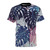 Closeup of tropical monstera leaves in a surreal, colorful design on a t-shirt