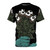 Whimsical graphic t-shirt design featuring a bouquet of flowers with a playful monster face