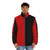 A stylish harlequin puffer jacket in black and red color-block design - men front