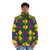 Mardi Gras puffer jacket with a colorful graphic design pattern - men front