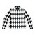 Black and white harlequin diamond pattern puffer jacket