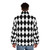 Black and white harlequin diamond pattern puffer jacket - men back