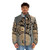 Steampunk inspired puffer jacket with gears, cogs, and rusty metal accents - men front