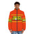 A vibrant orange puffer jacket with retro typography, perfect for the working-class shopper - men front