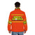 A vibrant orange puffer jacket with retro typography, perfect for the working-class shopper - men back