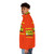 A vibrant orange puffer jacket with retro typography, perfect for the working-class shopper - men side left